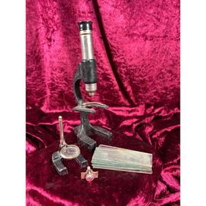 Vintage Curiosities - Antique Miniature Cast Iron Science Microscope with Slides